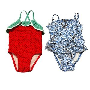 Baby Girls Swimsuits 12M One Piece Set of 2 Lot Strawberry Floral Ruffle